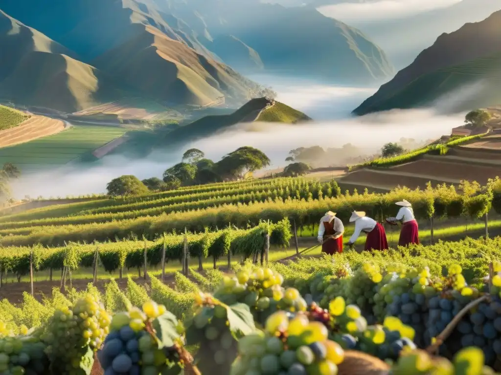 Campesinos peruanos cosechando uvas doradas para Pisco al amanecer en los Andes, mostrando la historia del pisco peruano