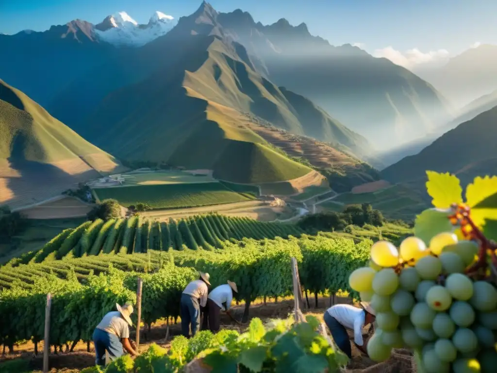 Campesinos peruanos cosechando uvas al amanecer con los Andes de fondo