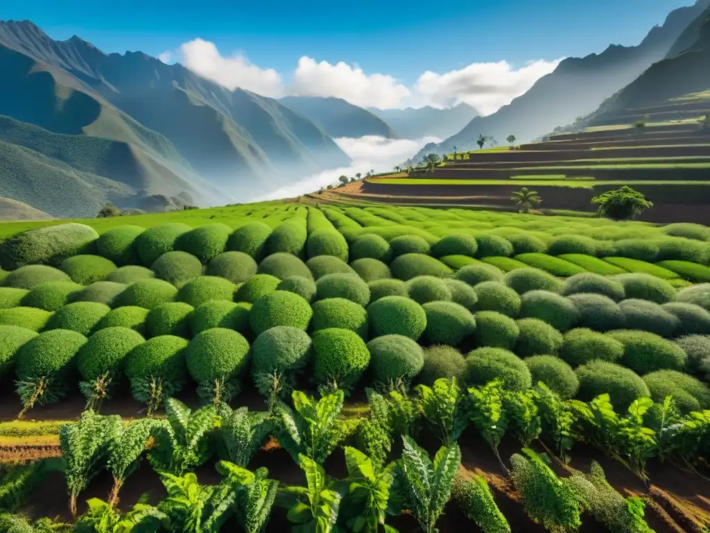 Un campo de Sacha Inchi en Perú, con agricultores locales y majestuosas montañas andinas