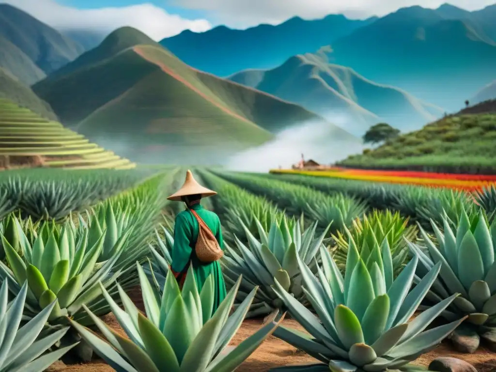 Campo de aloe vera en Perú con agricultores indígenas cosechando