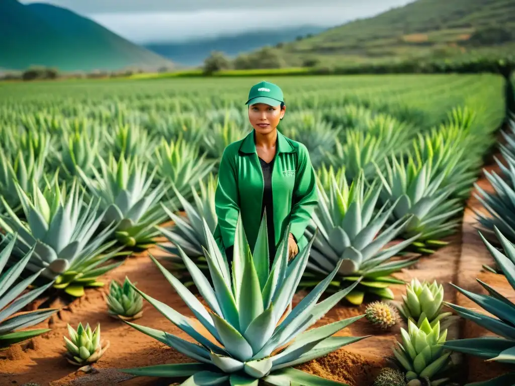 Campo de aloe vera en Perú, hojas suculentas con gotas de rocío, agricultores locales