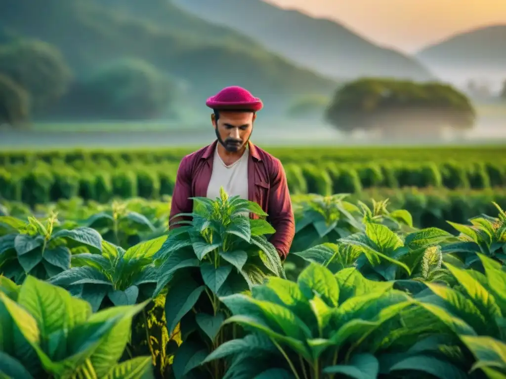 Un campo de amaranto vibrante y exuberante al atardecer, resaltando los beneficios del amaranto en cocina