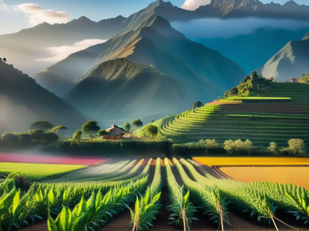 Un campo andino vibrante con quinoa dorada, agricultores indígenas y montañas neblinosas