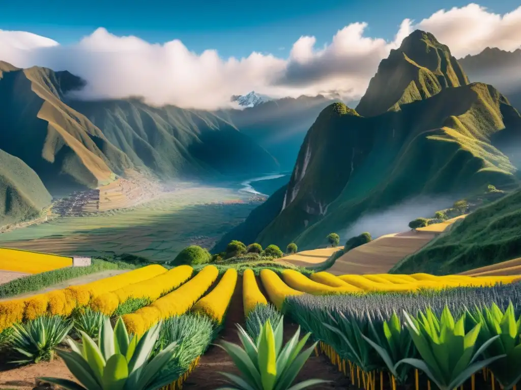 Campo peruano de kiwicha: belleza andina Un campo andino vibrante de kiwicha, con montañas majestuosas al fondo