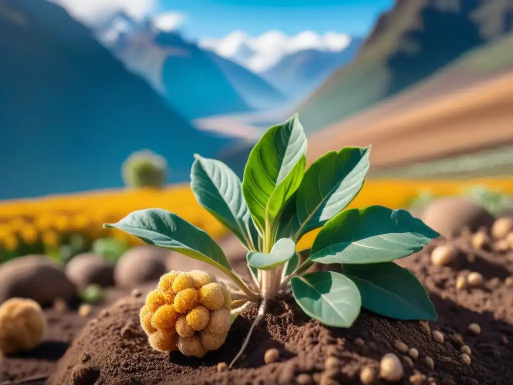 Campo andino vibrante con plantas de maca en crecimiento, resaltando sus hojas detalladas