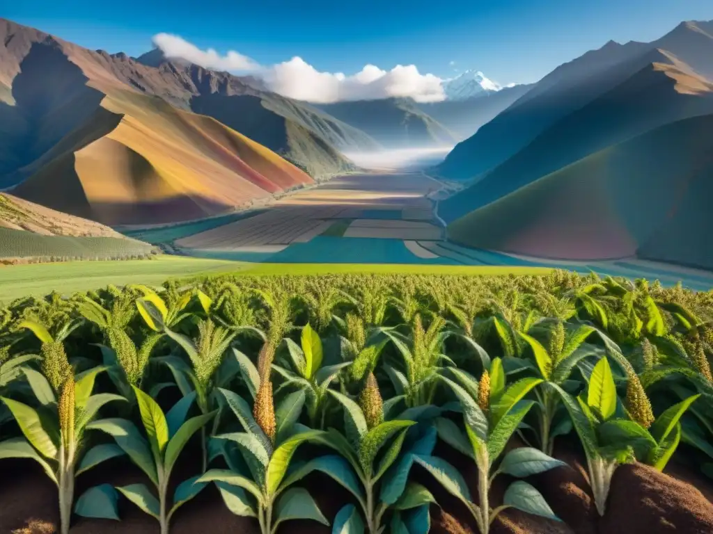 Un campo andino vibrante con plantas de quinua en diferentes etapas de crecimiento, resalta la biodiversidad y prácticas agrícolas tradicionales