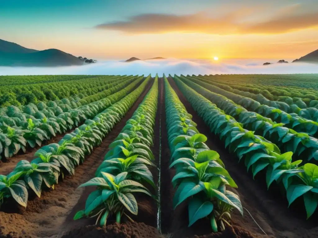 Un campo de arracacha exuberante y vibrante al atardecer, con raíces nutricionales y hojas verdes bajo la cálida luz dorada