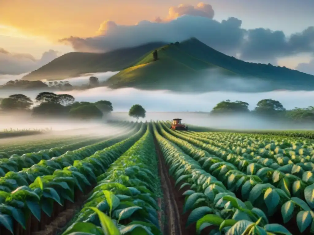 Campo de Sacha Inchi al atardecer, con agricultores cosechando semillas