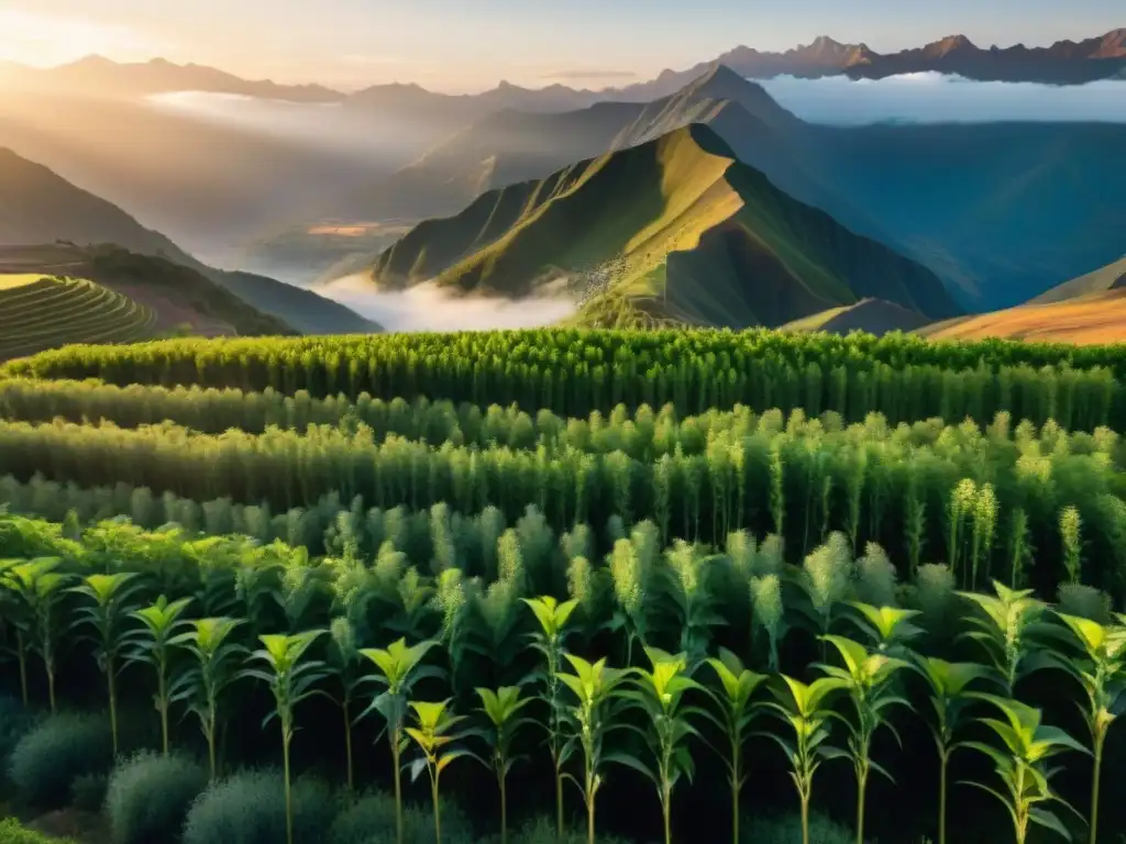 Campo de yacón en los Andes al atardecer, resaltando su belleza natural