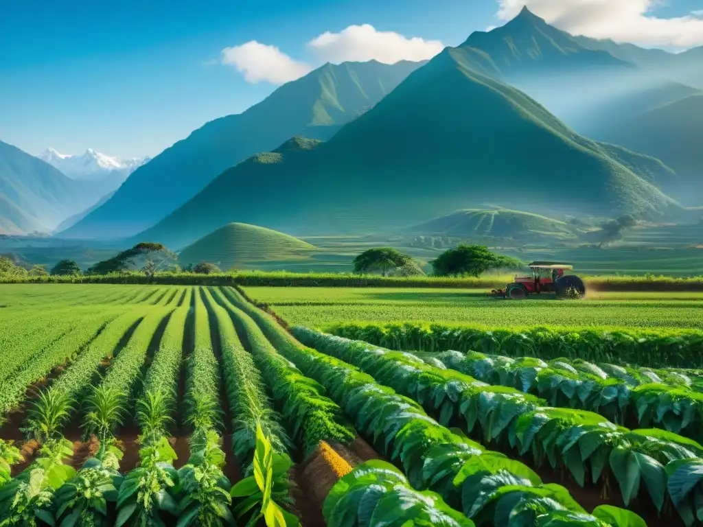 Campo de cañihua exuberante con agricultores indígenas, montañas nevadas al fondo