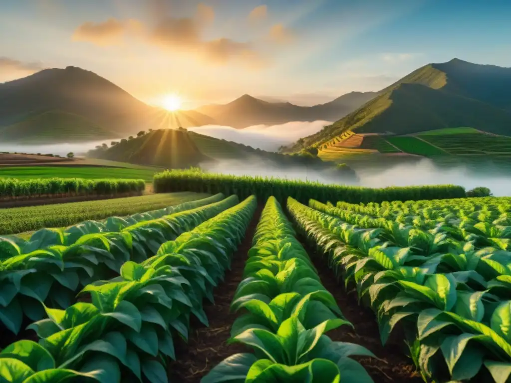 Un campo de cañihua exuberante iluminado por el sol poniente, donde agricultores cosechan con orgullo