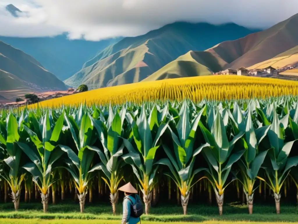 Un campo de Maíz gigante de Cusco sostenibilidad, con agricultores peruanos y los majestuosos Andes al fondo