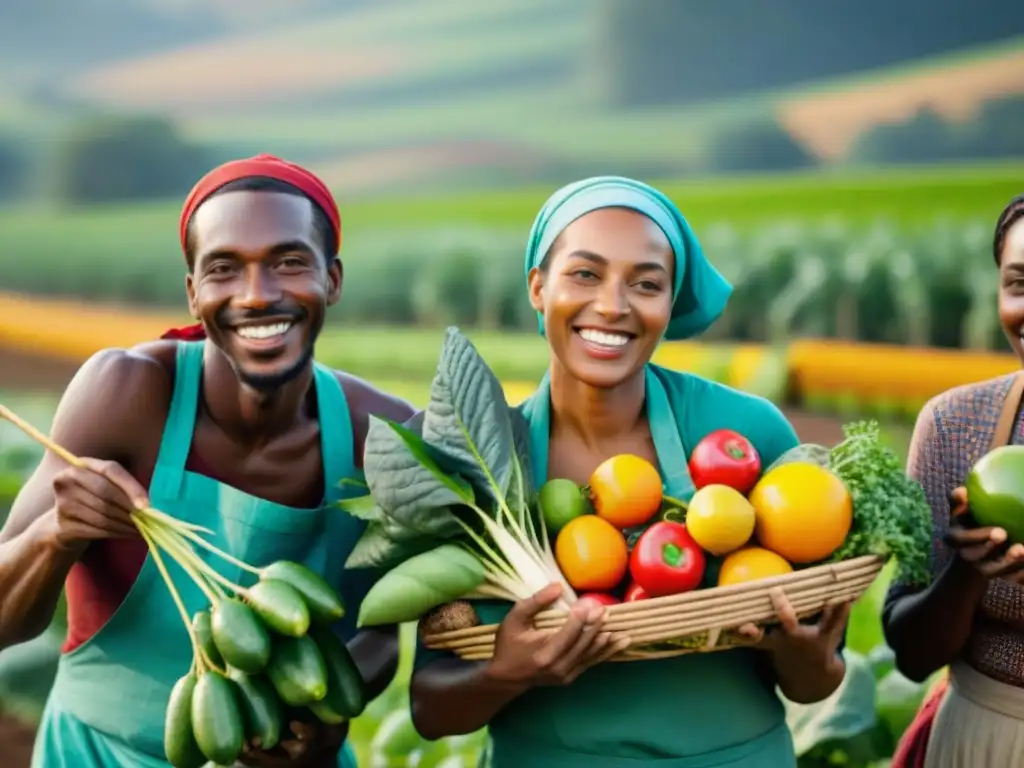 Un campo diverso y vibrante donde agricultores sonrientes cosechan frutas y verduras, destacando los beneficios de elegir productos sostenibles