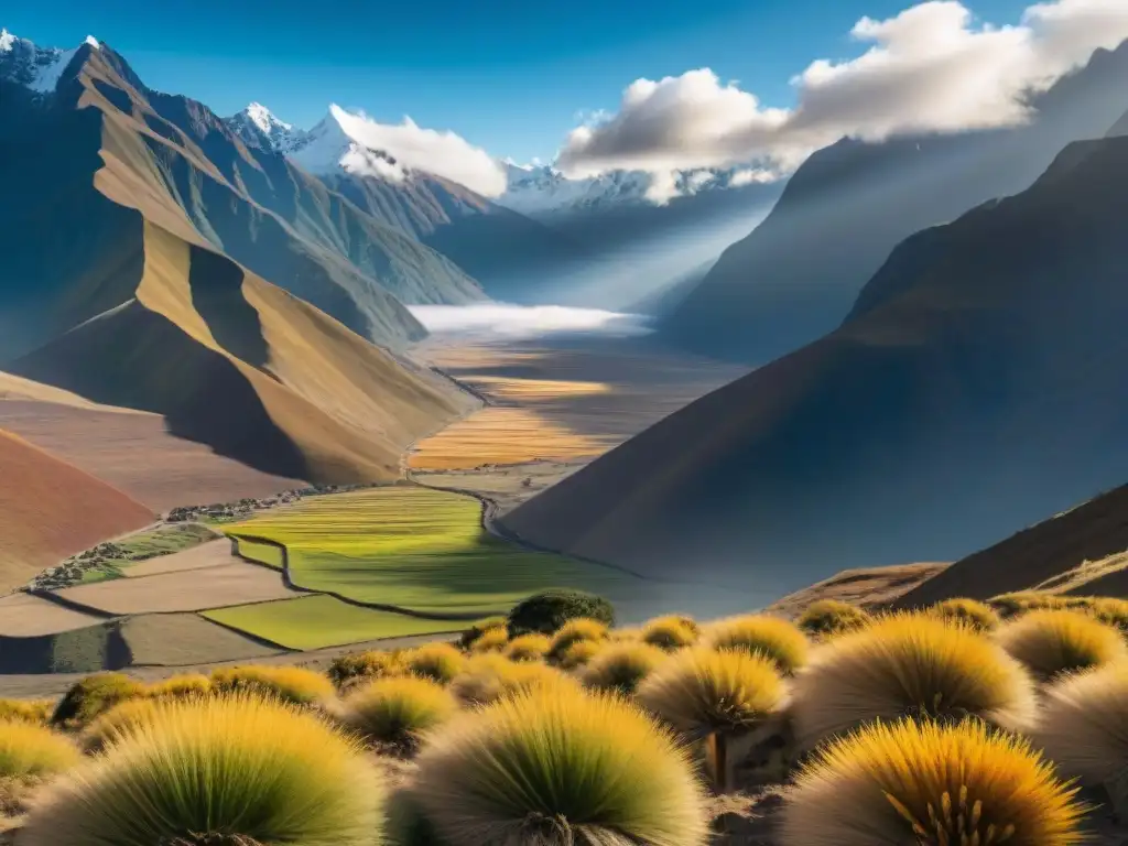 Un campo dorado de kiwicha bajo el cielo azul, con montañas andinas al fondo