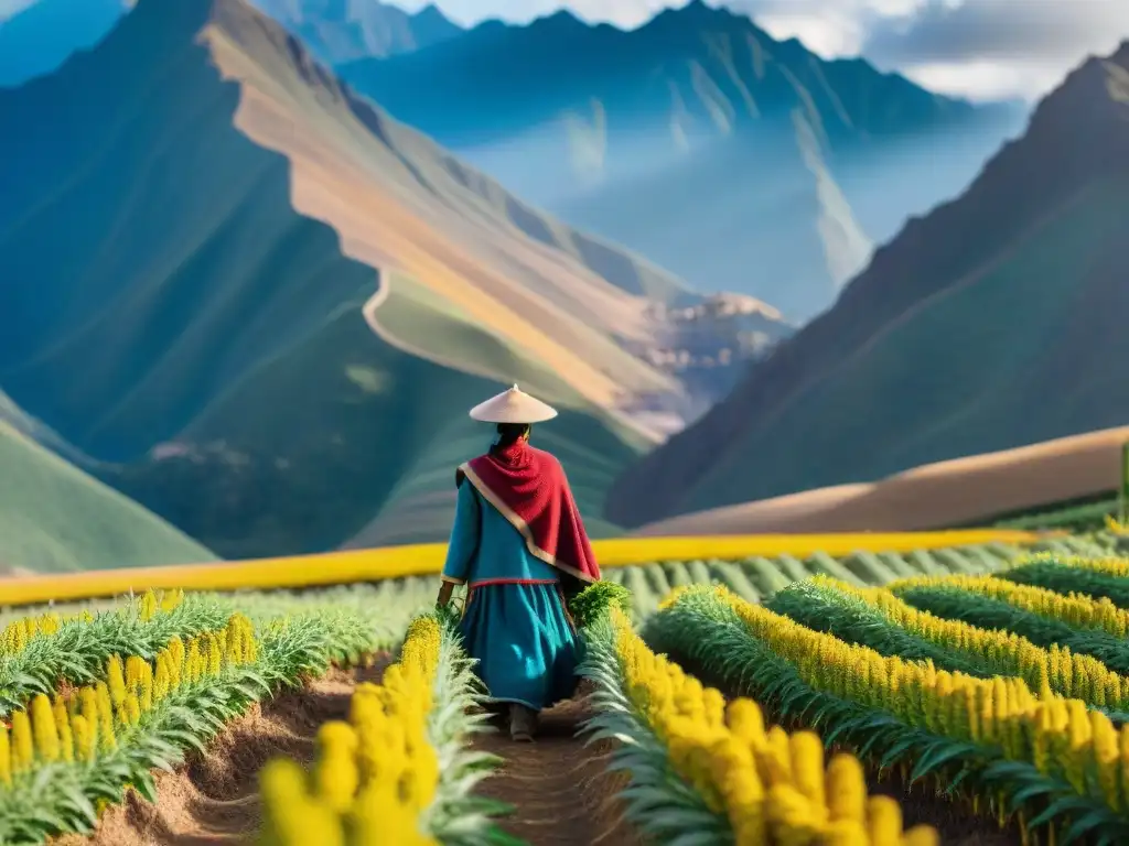 Campo dorado de quinua en los Andes: agricultura sostenible en Perú Un campo dorado de quinua en los Andes peruanos con agricultores andinos