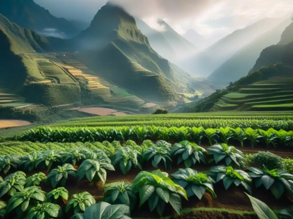 Un campo exuberante de yacón en los Andes, con agricultores indígenas y el sol iluminando la escena