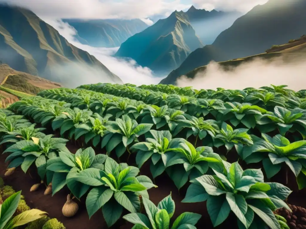 Campo exuberante de Maca Andina en los Andes, beneficios salud Maca Andina