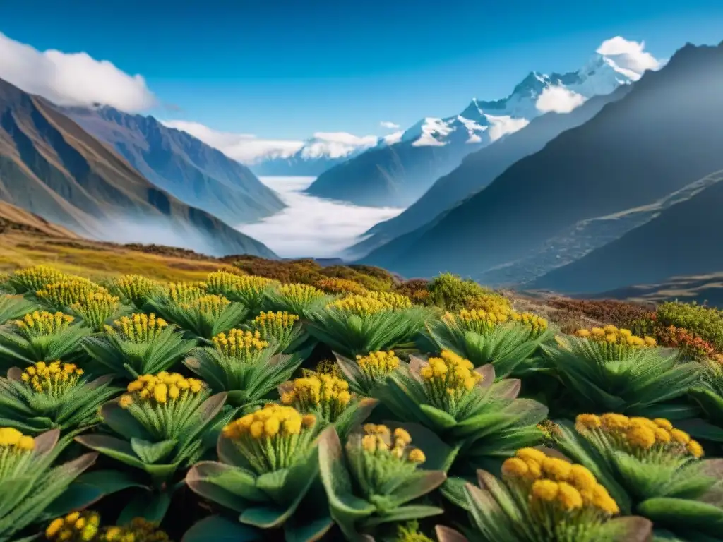 Campo de kiwicha andina en los Andes: biodiversidad, montañas nevadas y cielo azul