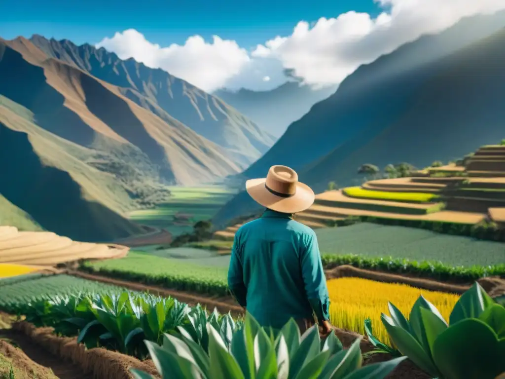 Un campo de kiwicha en los Andes, con granos dorados y agricultores indígenas