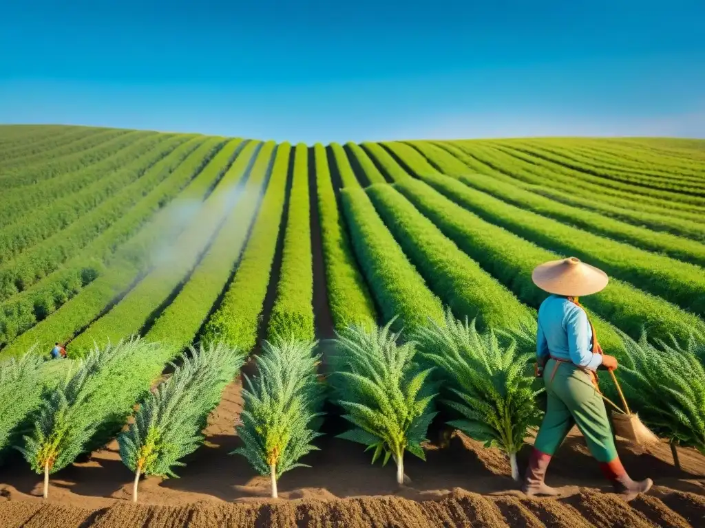 Un campo moderno de quinua: plantas verdes vibrantes, agricultores andinos cuidando los cultivos