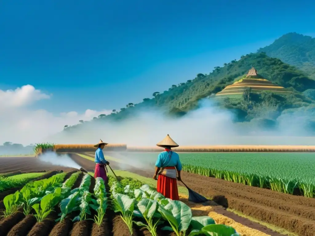 Campo agrícola moderno con técnicas prehispánicas y agricultores indígenas, fusionando sabiduría ancestral y tecnología contemporánea