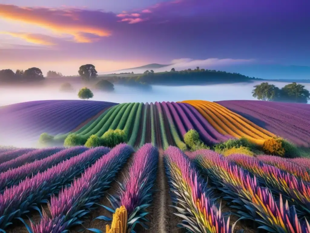 Un campo de maíz morado al atardecer con agricultores indígenas cosechando en armonía, simbolizando la unión de tradición y modernidad