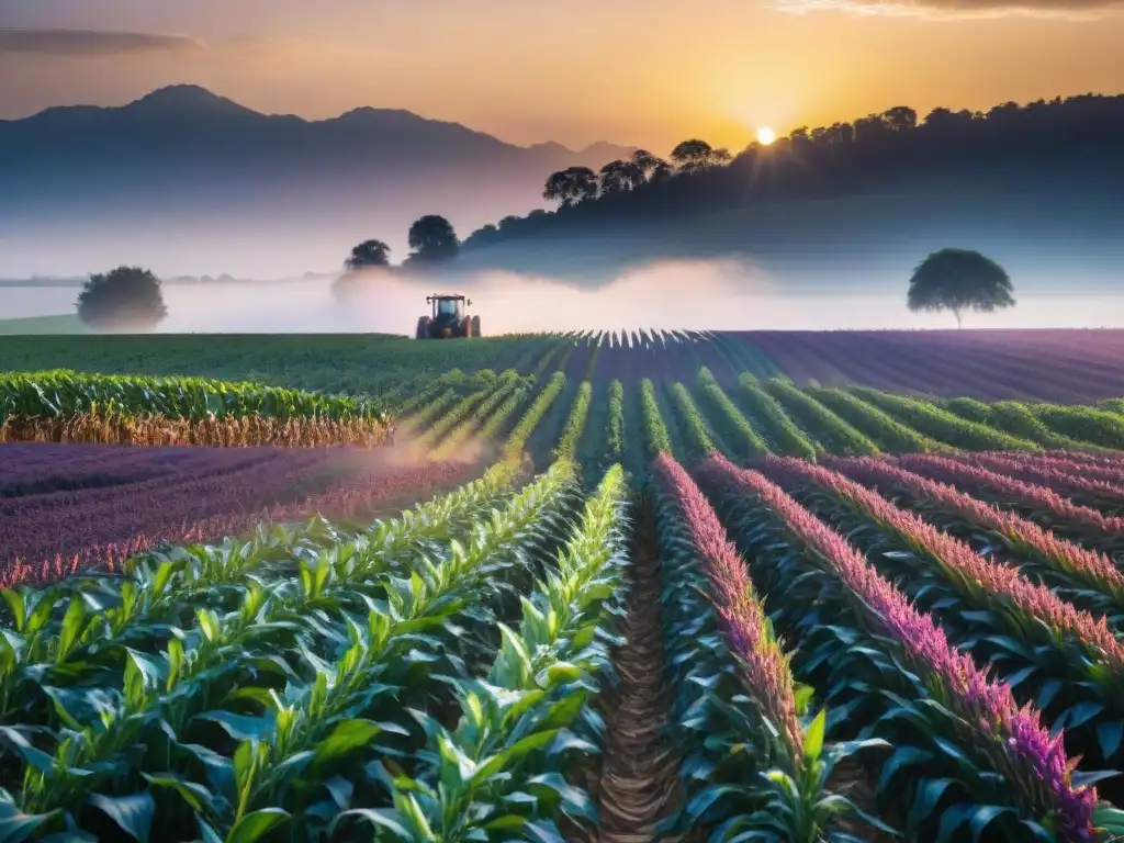 Un campo de maíz morado al atardecer, bañado en luz dorada con plantas de maíz púrpura vibrante y un agricultor en el horizonte