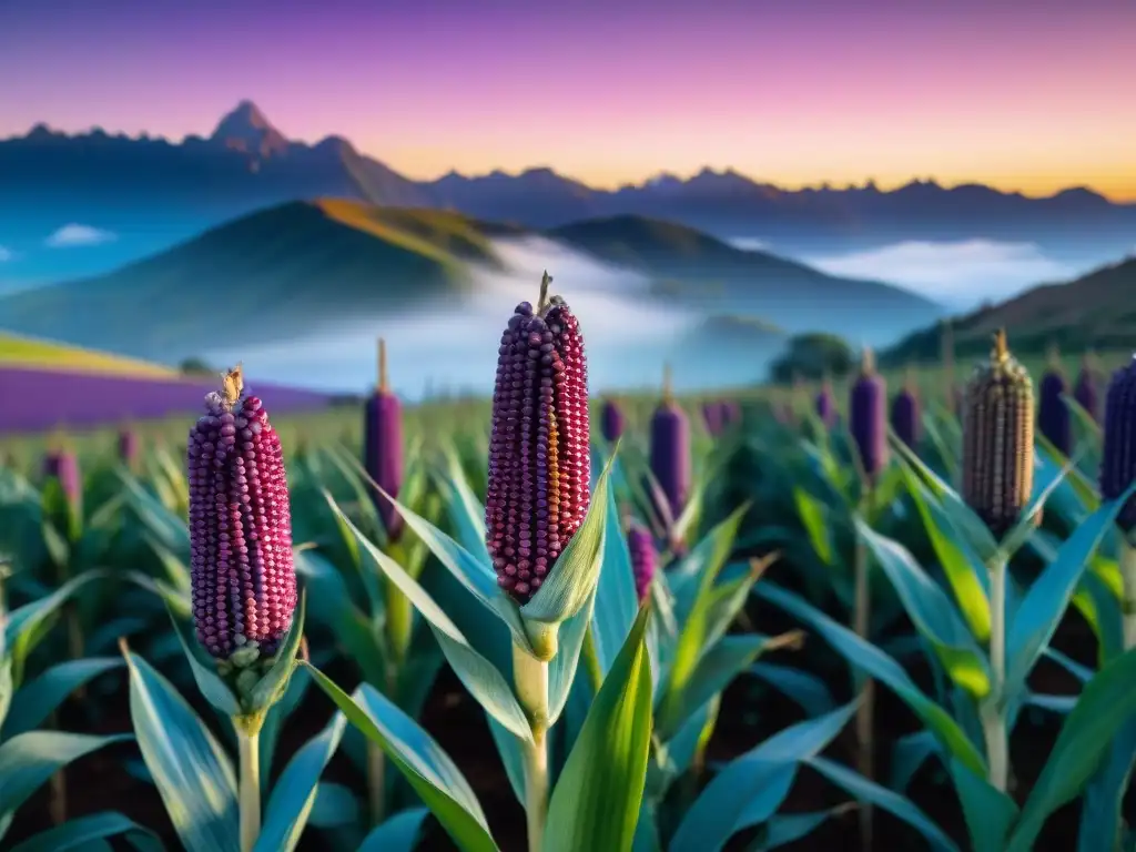 Un campo de maíz morado al amanecer en Perú, resaltando la belleza natural de la chicha morada