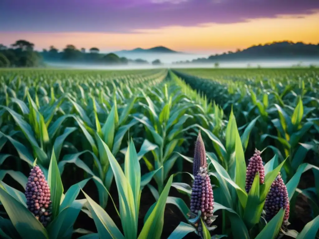 Un campo de maíz morado exuberante al amanecer, con filas de plantas vibrantes que se extienden hacia el horizonte bajo un cielo dorado