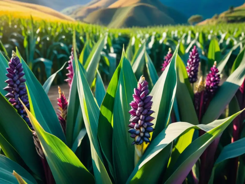 Un campo de maíz morado exuberante en las tierras altas peruanas, mostrando los beneficios de la chicha morada