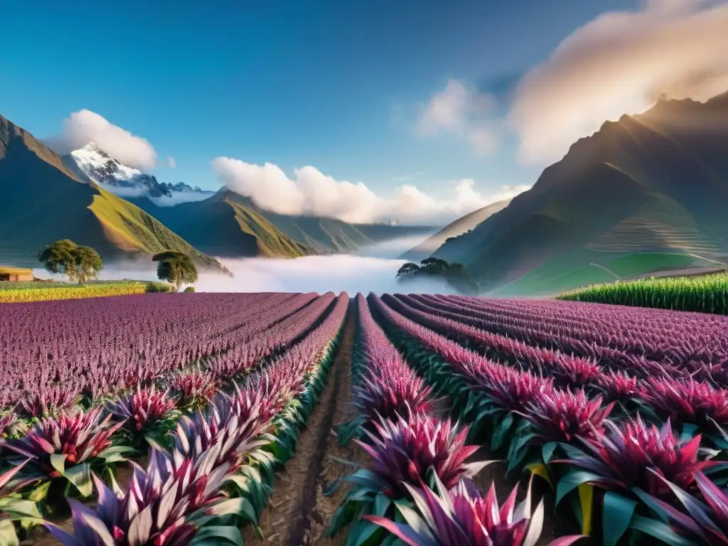 Un campo de maíz morado en los Andes Peruanos al amanecer, con agricultores locales cosechando el maíz púrpura