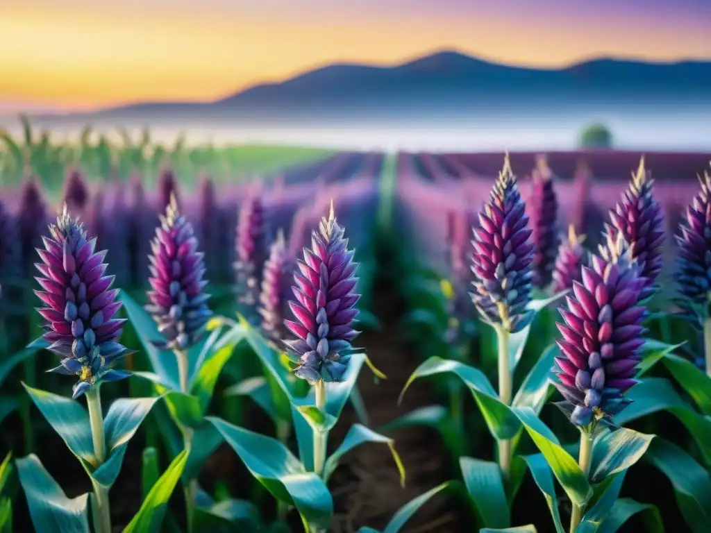 Campo de maíz morado con rocío al amanecer resaltando los Beneficios del maíz morado