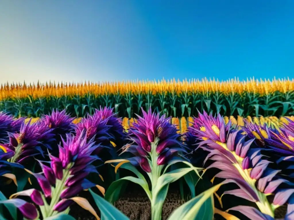 Un campo de maíz morado vibrante al amanecer, con mazorcas profundamente púrpuras y abejas revoloteando