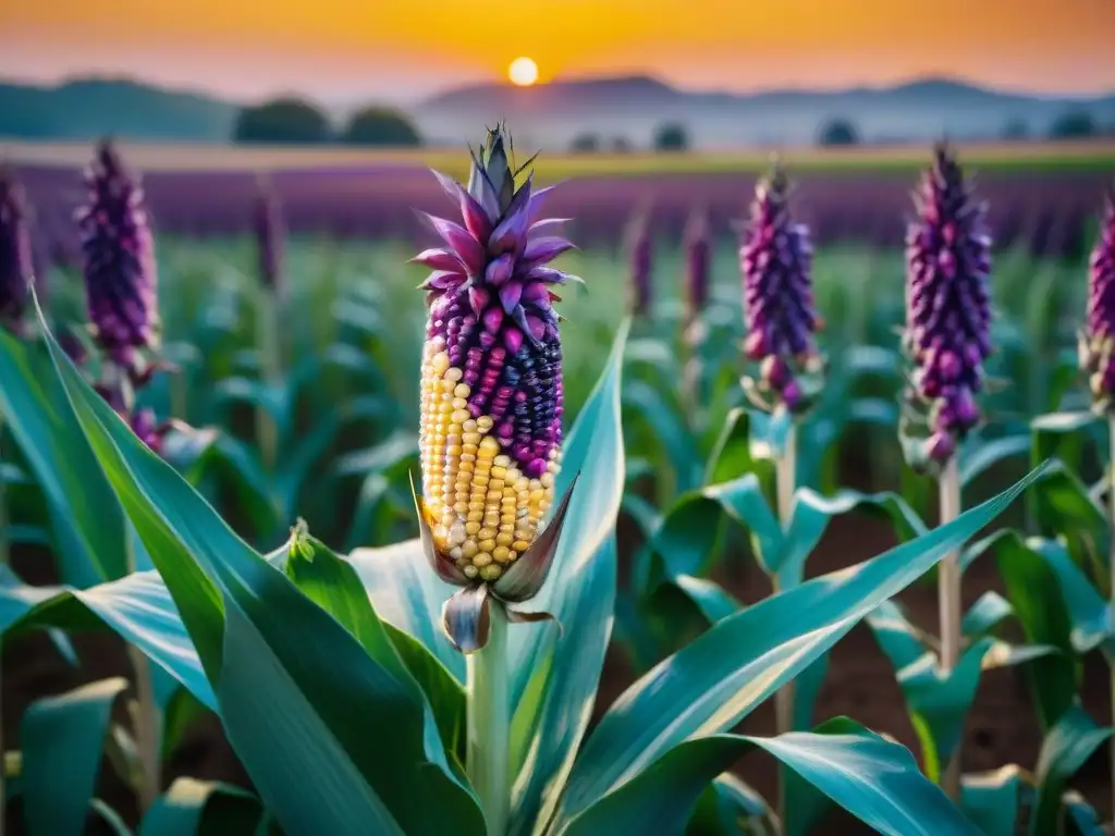 Un campo de maíz morado vibrante al atardecer, resaltando su belleza natural