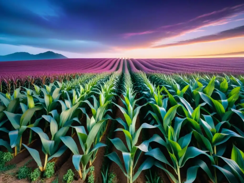 Un campo de maíz morado vibrante al atardecer, mostrando la belleza natural y los beneficios del maíz morado en el paisaje peruano