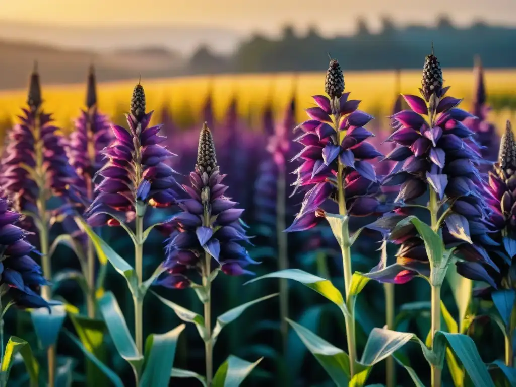 Un campo de maíz morado vibrante al atardecer, resaltando su belleza natural