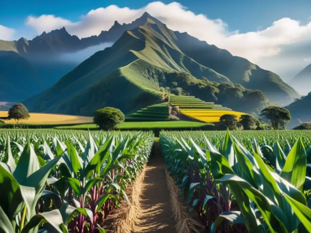 Un campo de maíz morado vibrante con beneficios antioxidantes, bañado por el sol en los Andes