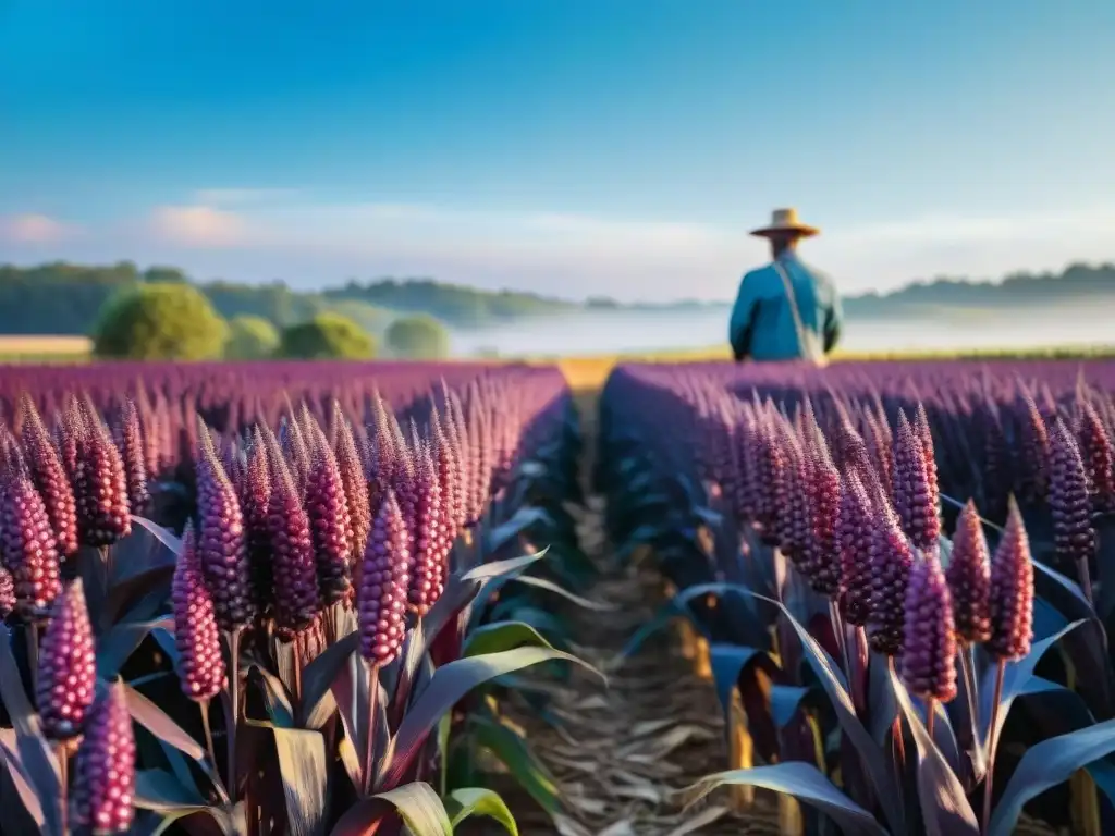 Campo de maíz morado vibrante, detallado y soleado con agricultores, transmitiendo los beneficios del refresco de maíz morado