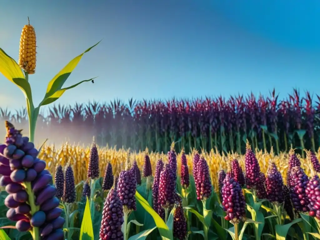 Campo de maíz morado vibrante bajo el sol dorado, con abejas y mariposas