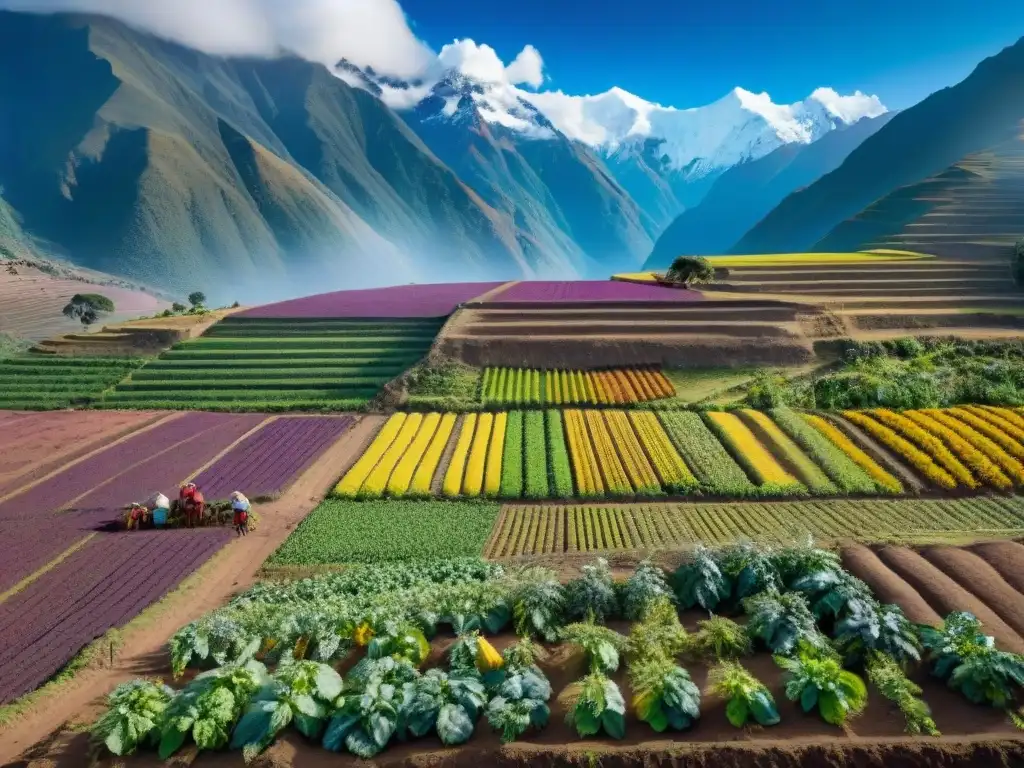 Un campo de papas andinas en Perú con variedades en tonos vibrantes, rodeado de montañas nevadas y agricultores locales