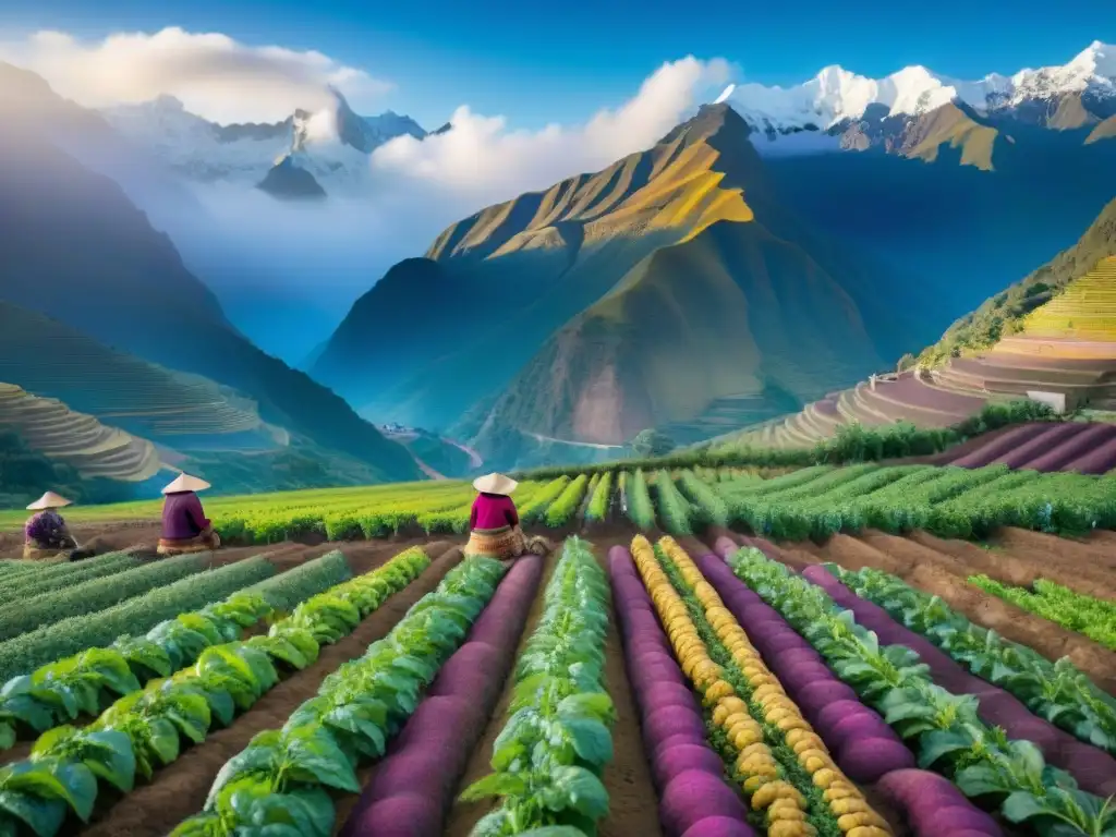 Campo de papas andinas en Perú con variedades nativas en colores vibrantes y agricultura sostenible