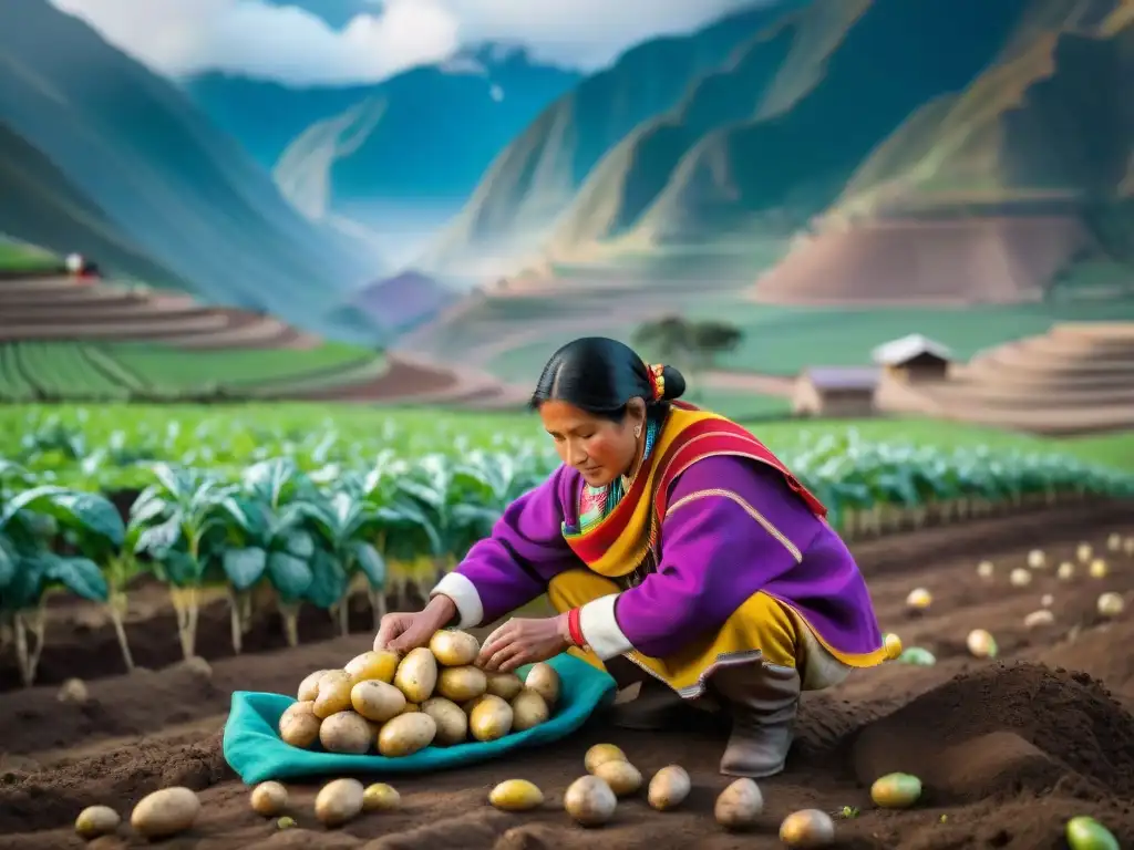 Campo de papas andino con agricultores cosechando a mano en la altura