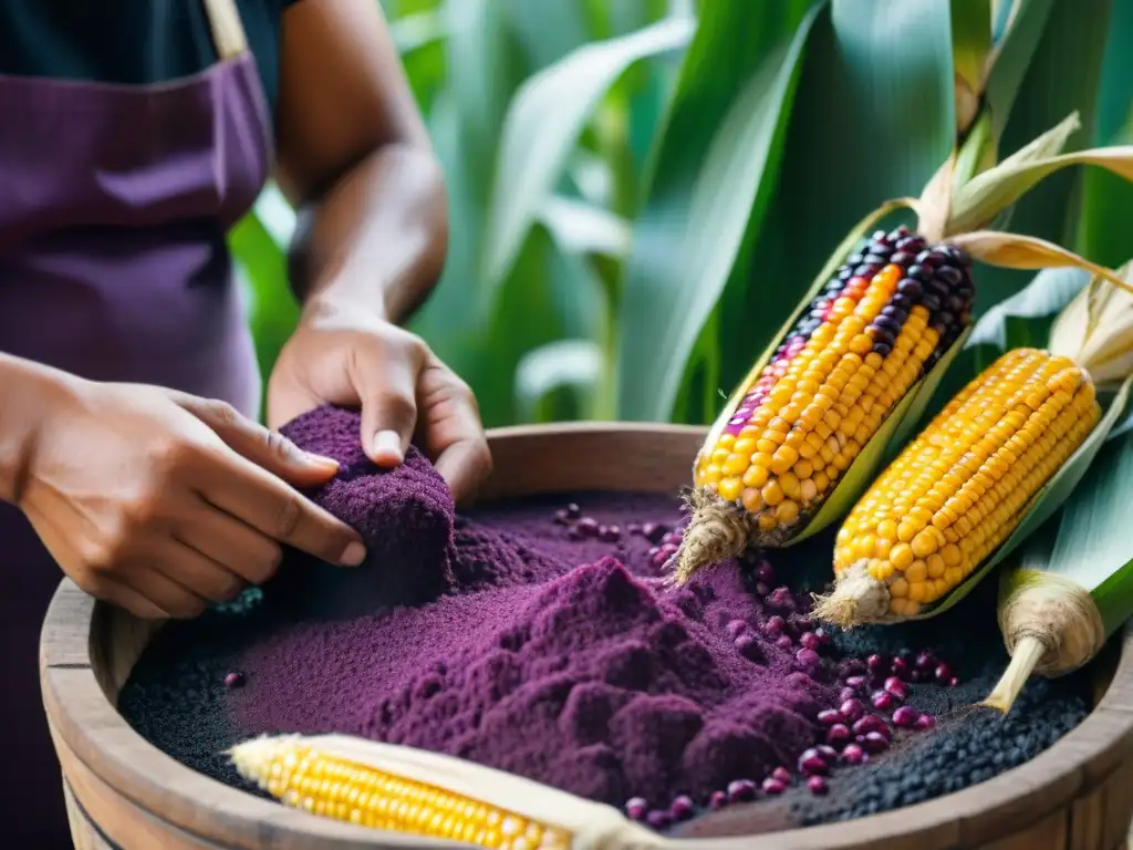 En un campo peruano, manos expertas muelen maíz morado para el Festival Chicha Morada, resaltando la artesanía y tradición de la gastronomía peruana