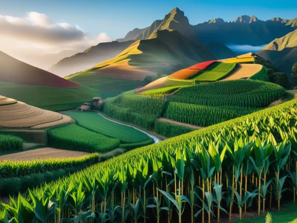 Un campo de maíz peruano vibrante al atardecer, mostrando la importancia del maíz en Perú con colores y tamaños variados