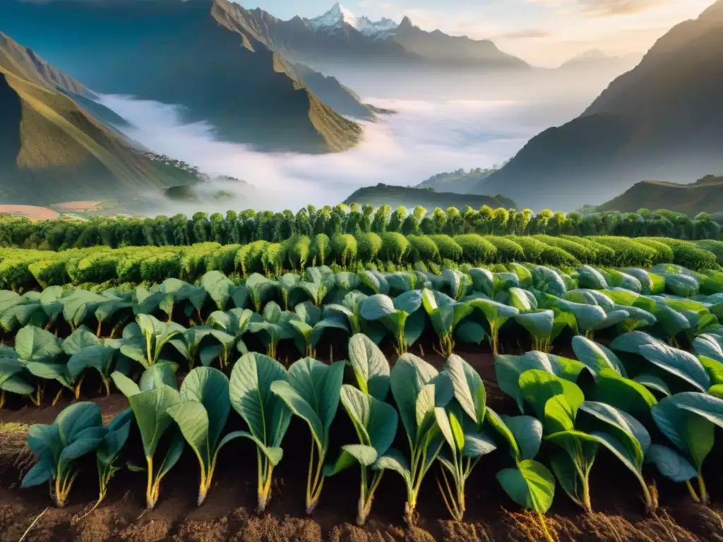 Un campo peruano vibrante con plantas de maca en la luz dorada de los Andes, destacando los beneficios de la maca peruana