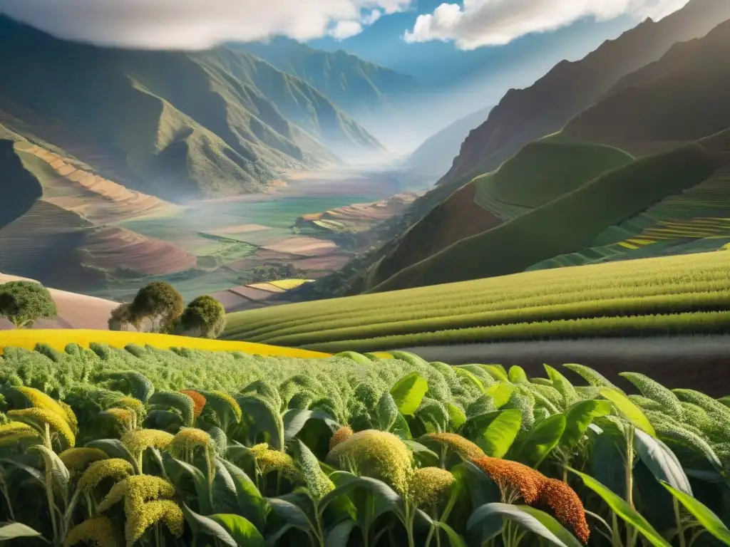 Un campo de quinua andina en la cordillera, mostrando su belleza y vitalidad, ideal para la cocina moderna