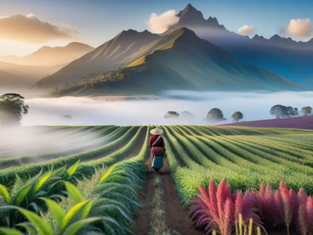 Un campo de quinua andina vibrante al amanecer con gran detalle, iluminado por el sol matutino y agricultores locales cosechando