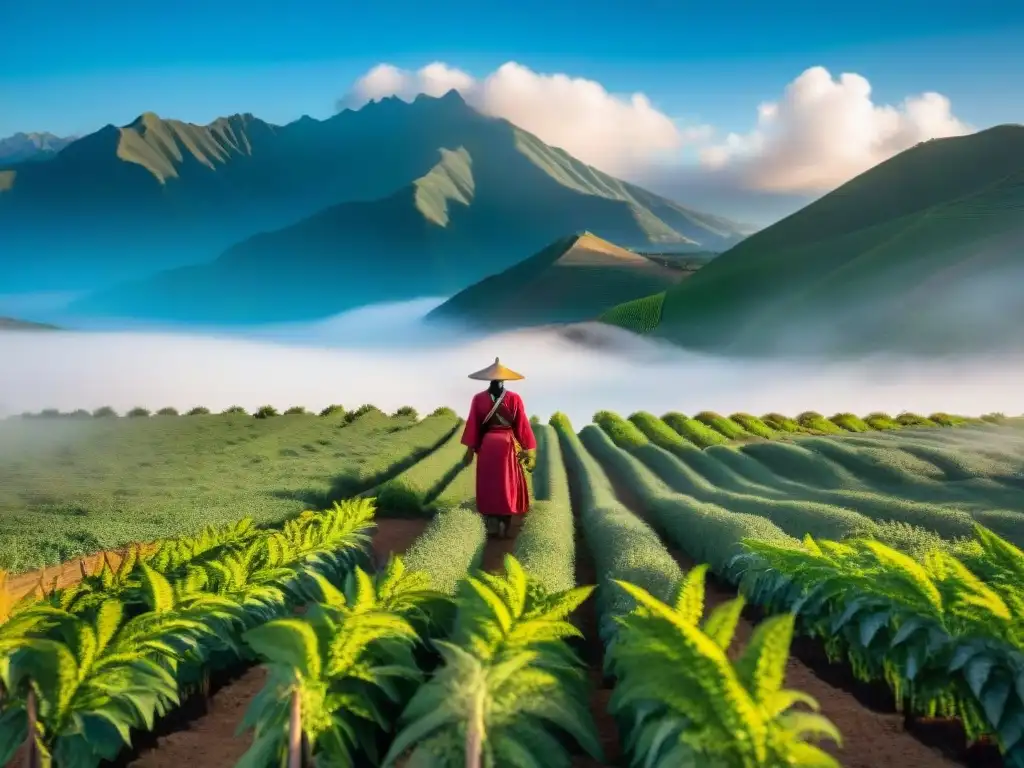 Campo de quinua en Perú cultivada por agricultores indígenas, capturando la esencia de cultivar ingredientes peruanos en casa