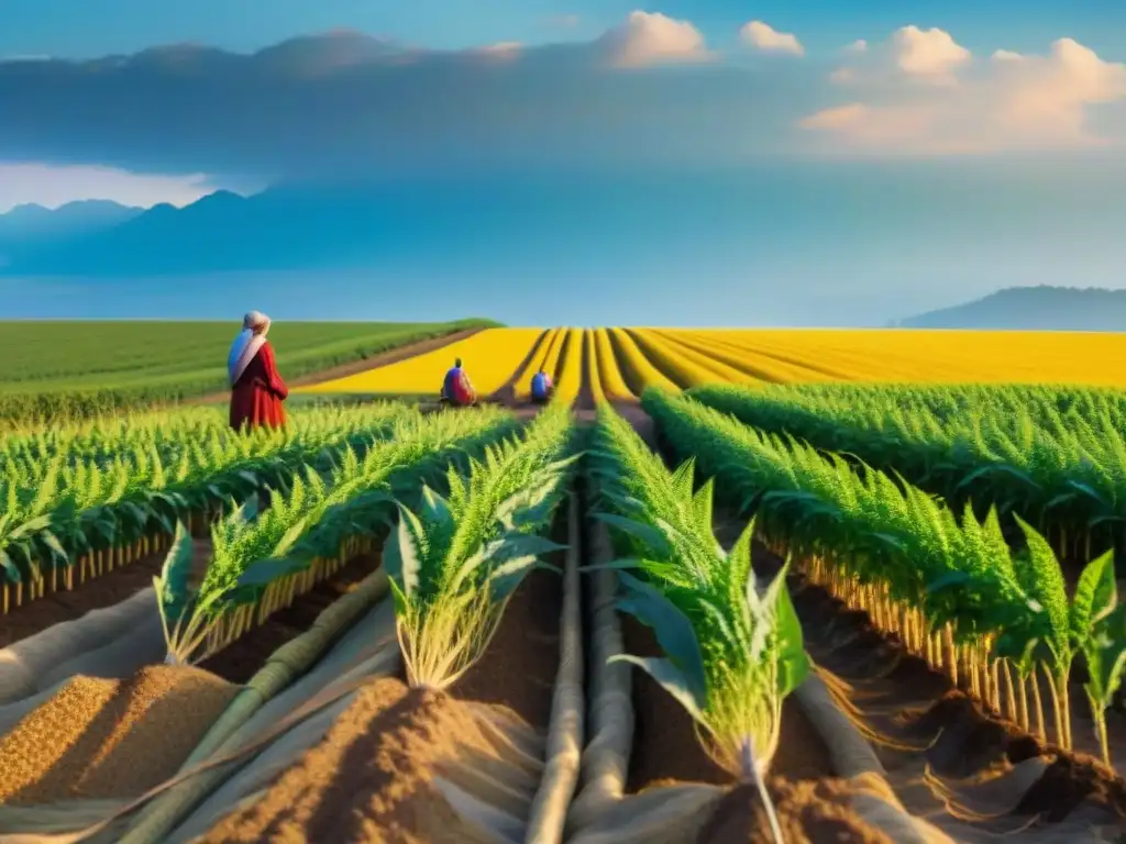 Un campo de quinua dorada con agricultores locales cosechando a mano