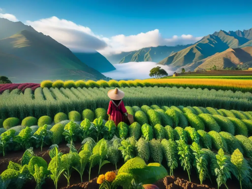 Un campo de quinua exuberante en los Andes, con agricultores en trajes tradicionales